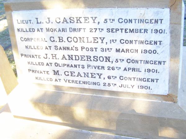 L.J. CASKEY  | G.B. CONLEY  | J.H. ANDERSON  | M    GEANEY  | Boer War Memorial in War memorial Allora, Warwick  | 