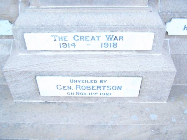 World War I Memorial in War memorial Allora, Warwick  | unveiled by Gen ROBERTSON 11 NOV 1921  | 