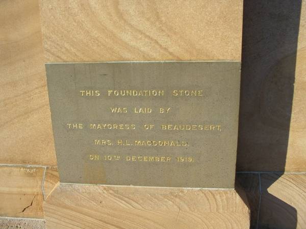(foundatation stone laid 10 Dec 1919 by Mrs H L MacDonald)  | Beaudesert WWI war memorial  | 