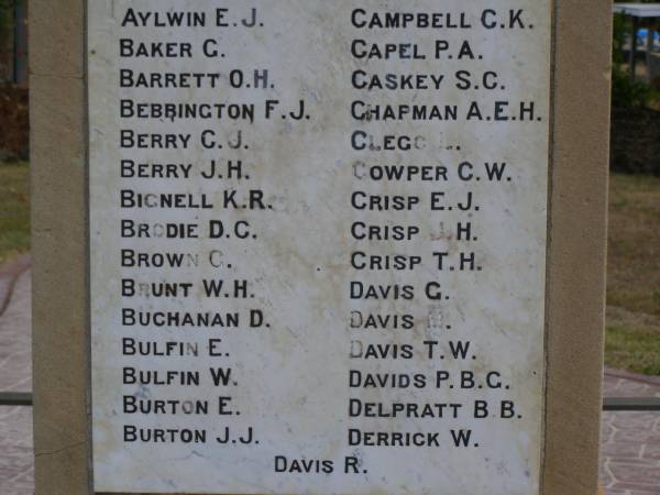 E.J. AYLWIN  | G.   BAKER  | O.H. BARRETT  | F.J. BEBBINGTON  | C.J. BERRY  | J.H. BERRY  | K.R. BIGNELL  | D.C. BRODIE  | C.   BROWN  | W.H. BRUNT  | D.   BUCHANAN  | E.   BULFIN  | W.   BULFIN  | E.   BURTON  | J.J. BURTON  | C.K. CAMPBELL  | P.A. CAPEL  | S.C. CASKEY  | A.E.H. CHAPMAN  | L.   CLEGG  | C.W. COWPER  | E.J. CRISP  | J.H. CRISP  | T.H. CRISP  | G.   DAVIS  | M.   DAVIS  | T.W. DAVIS  | P.B.G. DAVIDS  | B.B. DELPRATT  | W.   DERRICK  | R.   DAVIS  | Greenmount War Memorial  |   | 