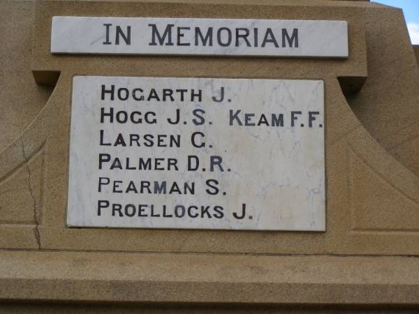 J.   HOGARTH  | J.S. HOGG  | F.F. KEAM  | G.   LARSEN  | D.R. PALMER  | S.   PEARMAN  | J.   PROELLOCKS  | Greenmount War Memorial  | 