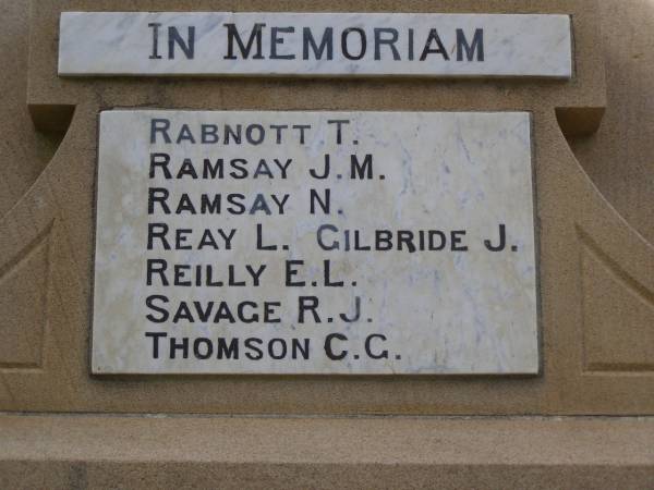 T.   RABNOTT  | J.M. RAMSAY  | N.   RAMSAY  | L.   REAY  | E.L. REILLY  | R.J. SAVAGE  | C.G. THOMSON  | J.   GILBRIDE  | Greenmount War Memorial  | 