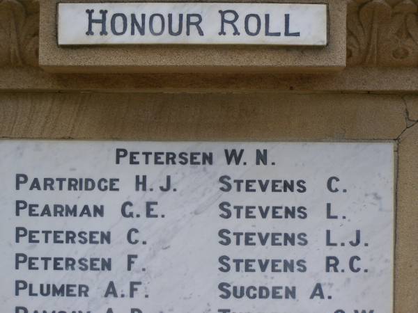 W.N. PETERSEN  | H.J. PARTRIDGE  | G.E. PEARMAN  | C.   PEARMAN  | C.   PETERSEN  | F.   PETERSEN  | A.F. PLUMER  | C.   STEVENS  | L.   STEVENS  | L.J. STEVENS  | R.C. STEVENS  | A.   SUGDEN  | Greenmount War Memorial  | 