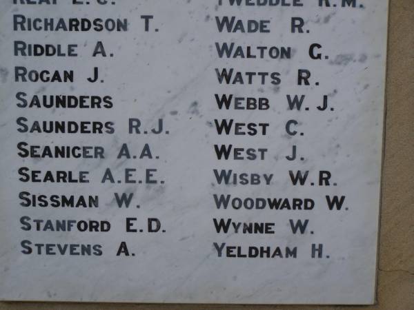 T.   RICHARDSON  | A.   RIDDLE  | J.   ROGAN  |      SAUNDERS  | R.J. SAUNDERS  | A.A. SEANIGER  | A.E.E. SEARLE  | W.   SISSMAN  | E.D. STANFORD  | A.   STEVENS  | R.   WADE  | G.   WALTON  | R.   WATTS  | W.J. WEBB  | C.   WEST  | J.   WEST  | W.R. WISBY  | W.   WOODWARD  | W.   WYNNE  | H.   YELDHAM  | Greenmount War Memorial  | 