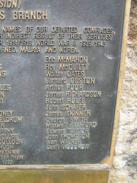 Eric McMAHON  | Roy McQUILTY  | Walter OATES  | Bernard OUSTON  | Arthur POOR  | James RICHARDSON  | Robert ROLFE  | John SCHAFER  | James SKINNER  | George SMITH  | Maxwell STAFFORD  | Edward TAYLOR  | John THOMPSON  | Ivan WALKER  | Cecil WOODROW  |   | ISA Memorial Park, Inala Branch of Incapacitated Servicemen and Women's Association  |   | 