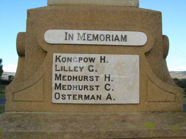 H KONGPOW  | G LILLEY  | H MEDHURST  | C MEDHURST  | A OSTERMAN  | Killarney War Memorial - Warwick Shire  | 