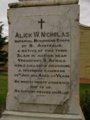 Alick W NICHOLAS, d: 24 Jul 1900 aged 20 Lyndoch war memorial, Barossa Valley, South Australia 