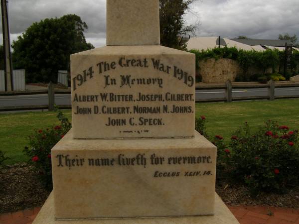 Albert W Bitter  | Joseph Gilbert  | John D Gilbert  | Norman N Johns  | Lyndoch war memorial, Barossa Valley, South Australia  | 