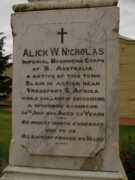 Alick W NICHOLAS, d: 24 Jul 1900 aged 20  | Lyndoch war memorial, Barossa Valley, South Australia  | 