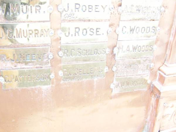 W   MUIR  | J C MURRAY  | R J NEEVE  | C   PATTERSON  | J   ROBEY  | J   ROSE  | R C SCHLOSS  | R C SELLERS  | A E WISDON  | C   WOODS  | H A WOODS  | F   WOODVATT  | J W WORGAN  |   | War Memorial Hall Warra, Wambo Shire  | 