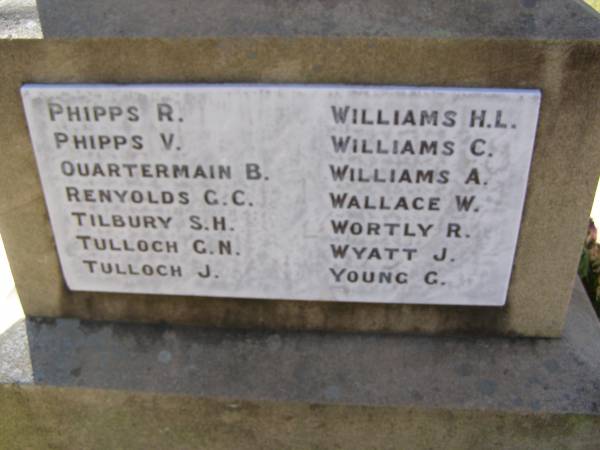 1914 - 1918  |   | Phipps R  | Phipps V  | Quartermain B  | Renyolds G C  | Tilbury S H  | Tulloch G N  | Tulloch J  | Williams H L  | Williams C  | Williams A  | Wallace W  | Wortly R  | Wyatt J  | Young G  |   | Woodhill War Memorial, Beaudesert  | 