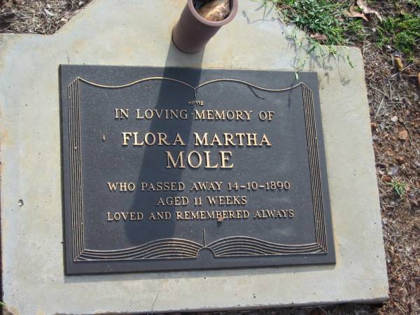 Flora Martha MOLE  | 14 Oct 1890  | aged 11 weeks  |   | Albany Creek Cemetery, Pine Rivers  |   | 