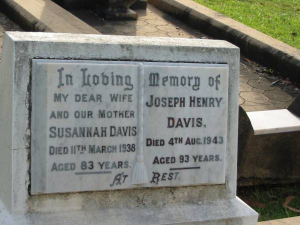 Susannah DAVIS  | 11 Mar 1938  | aged 83  |   | Joseph Henry DAVIS  | 4 Aug 1943  | aged 93  |   | Albany Creek Cemetery, Pine Rivers  |   | 