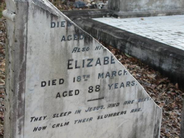 George EATON  | 15 Jan 1899  | aged 64  |   | wife  | Elizabeth  | 18 Mar 1917  | aged 88  |   | Albany Creek Cemetery, Pine Rivers  |   |   | 