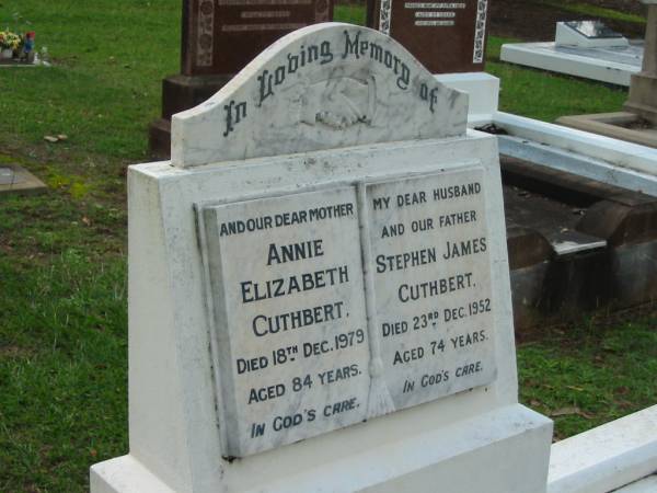 Annie Elizabeth CUTHBERT  | 18 Dec 1979  | aged 84  |   | Stephen James CUTHBERT  | 23 Dec 1952  | aged 74  |   | Albany Creek Cemetery, Pine Rivers  |   | 