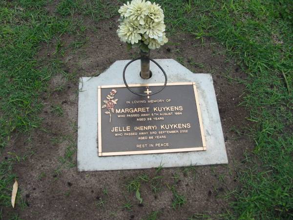 Margaret KUYKENS  | 5 Aug 1994  | aged 58  |   | Jelle (Henry) KUYKENS  | 3 Sep 2002  | aged 66  |   | Albany Creek Cemetery, Pine Rivers  |   | 