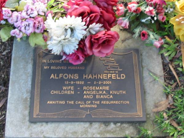 Alfons HAHNEFELD  | B: 13 Sep 1932  | D:  2 Mar 2001  | wife - Rosemarie  | children - Angelika, Knuth, Bianca  |   | Albany Creek Cemetery, Pine Rivers  |   | 