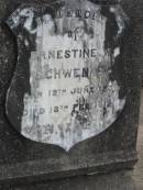 
Ernestine W. SCHWENKE.
born 12 June 1839 died 18 Feb 1912;
Alberton Cemetery, Gold Coast City
