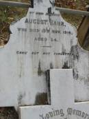 
August BAHR, husband,
died 19 Nov 1916 aged 54;
Alberton Cemetery, Gold Coast City
