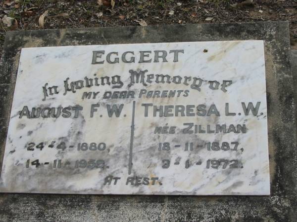 EGGERT, parents;  | August F.W.,  | 24-4-1880 - 14-11-1959;  | Theresa L.W. nee ZILLMAN,  | 18-11-1887 - 2-1-1972;  | Alberton Cemetery, Gold Coast City  | 
