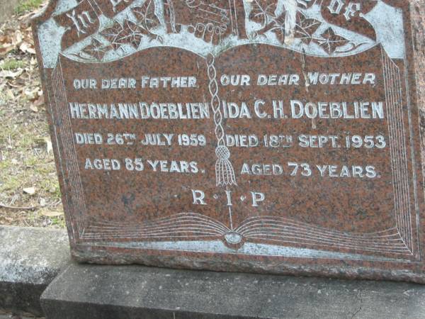 Hermann DOEBLIEN, father,  | died 26 July 1959 aged 85 years;  | Ida C.H. DOEBLIEN, mother,  | died 18 Sept 1953 aged 73 years;  | Alberton Cemetery, Gold Coast City  | 