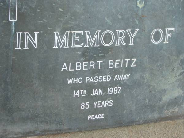 Albert BEITZ,  | died 14 Jan 1987 aged 85 years;  | Alberton Cemetery, Gold Coast City  | 
