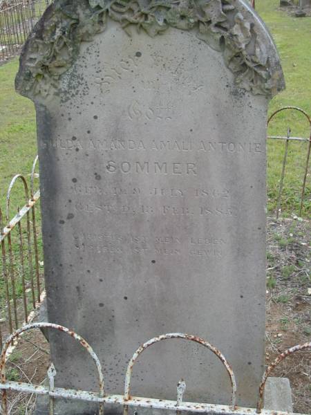 Hulda Amanda Amali Antonie SOMMER,  | born 9 July 1862 died 13 Feb 1885;  | Alberton Cemetery, Gold Coast City  | 