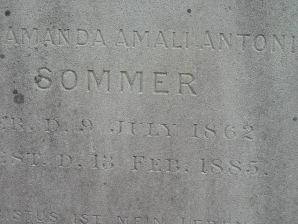 Hulda Amanda Amali Antonie SOMMER,  | born 9 July 1862 died 13 Feb 1885;  | Alberton Cemetery, Gold Coast City  | 