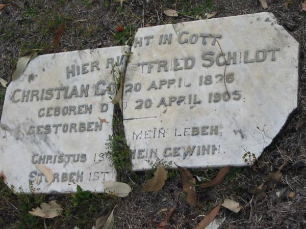 Christian Gottfried SCHILDT,  | born 20 April 1826 died 20 April 1905;  | Alberton Cemetery, Gold Coast City  | 