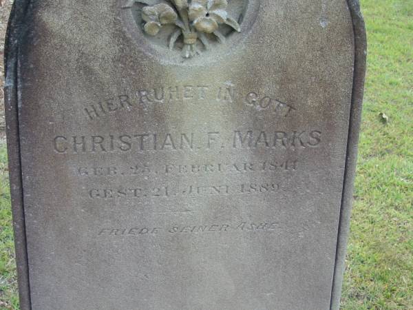 Christian F. MARKS,  | born 25 Feb 1841 died 21 June 1889;  | Alberton Cemetery, Gold Coast City  | 