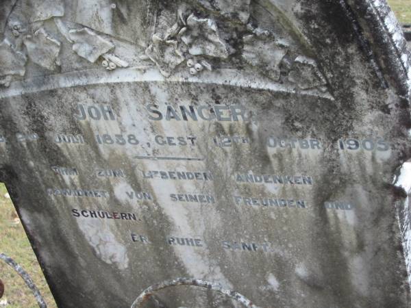 Joh SANGER,  | born 2 July 1838 died 12 Oct 1905;  | Alberton Cemetery, Gold Coast City  | 