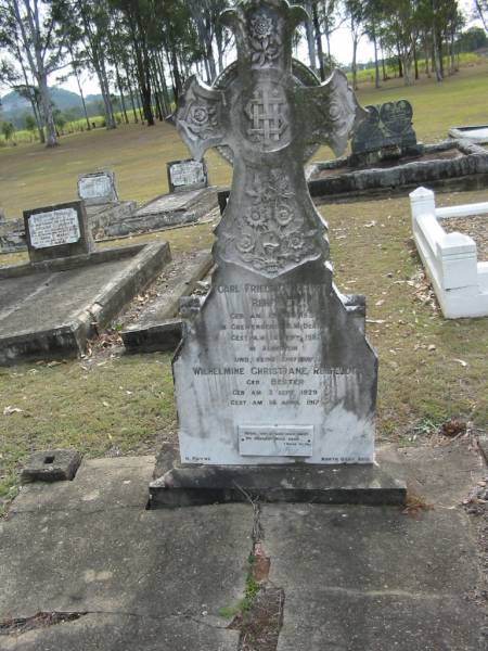 Carl Friedrich Ernest REHFELDT,  | born 13 May 1839 Greifenberg Germany,  | died 14 Sept 1911 Alberton;  | Wilhelmine Christiane REHFELDT (nee BESTER),  | born 3 Sept 1829 died 14 April 1917;  | Alberton Cemetery, Gold Coast City  | 