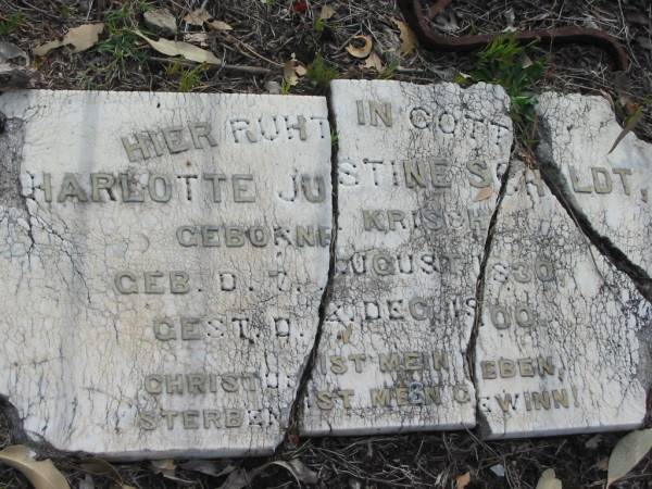Charlotte Justine SCHILDT (nee KRISCH),  | born 7 Aug 1830 died 2 Dec 1900;  | Alberton Cemetery, Gold Coast City  | 