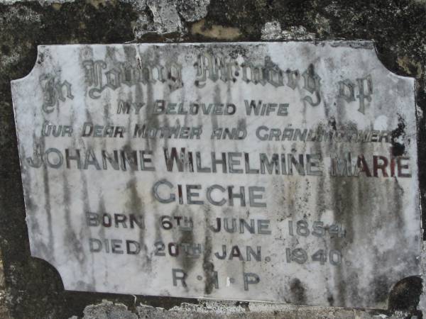 Johanne Wilhelmine Marie GIECHE,  | wife mother grandmother,  | born 6 June 1854 died 20 Jan 1940;  | Alberton Cemetery, Gold Coast City  | 
