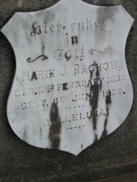 Marie J. RACHOW,  | born 2 Feb 1832 died 8 June 1920;  | Alberton Cemetery, Gold Coast City  | 