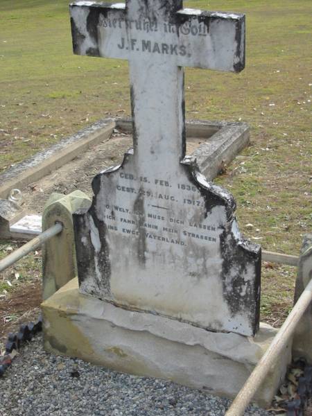 J.F. MARKS,  | born 15 Feb 1836,  | died 29 Aug 1917;  | Alberton Cemetery, Gold Coast City  | 