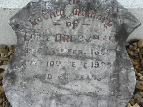 August DRESCHER, father,  | died 23 Oct 1937 aged 83 years;  | Luise DRESCHER, mother,  | died 10 Sept 1923 aged 65 years;  | Luise DRESCHER,  | born 3 Feb 1853 died 10 Sept 1923 aged 65 years;  | Alberton Cemetery, Gold Coast City  | 