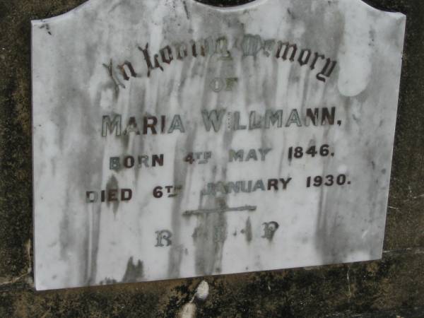Maria WILLMANN,  | born 4 May 1846 died 6 Jan 1930;  | Alberton Cemetery, Gold Coast City  | 