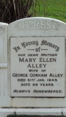 
Mary Ellen ALLEY
d: 31 Jan 1943 aged 69
(wife of George Gorman ALLEY)

Alley Family Graves, Gordonvale
