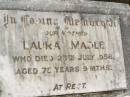 
Laura MADLE,
mother,
died 25 July 1956 aged 75 years 9 months;
Appletree Creek cemetery, Isis Shire
