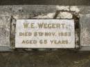William Edward WEGERT, died 5 Nov 1953 aged 65 years; Mary Jane WEGERT, died 16 May 1958 aged 72 years; Appletree Creek cemetery, Isis Shire 