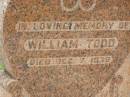 William TODD, died 7 Dec 1939; Anna Grace TODD, died 16 April 1958; Appletree Creek cemetery, Isis Shire 