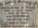 
Wilhelmina H. BIGGS,
died 1 June 1934 aged 54 years;
Herb BIGGS,
died 15 Feb 1954 aged 76 years;
Appletree Creek cemetery, Isis Shire
