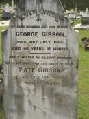 
George GIBSON,
husband father,
died 30 July 1929 aged 60 years 10 months;
Kate GIBSON,
wife mother,
died 10 Feb 1942 aged 72 years;
Appletree Creek cemetery, Isis Shire
