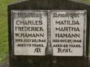 Charles Frederick W. HAMANN, died 20 July 1946 aged 73 years; Matilda Martha HAMANN, died 27 Oct 1946 aged 68 years; Appletree Creek cemetery, Isis Shire 