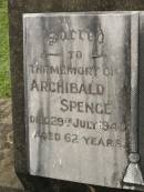 Archibald SPENCE, died 29 July 1940 aged 62 years; Mary Jane, wife, died Cairns 1935; Appletree Creek cemetery, Isis Shire 