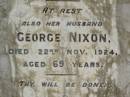 Jeanette NIXON, died 3 Sept 1920 aged 58 years; George NIXON, husband, died 22 Nov 1924 aged 69 years; Appletree Creek cemetery, Isis Shire 
