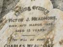 
Victor J. MEADMORE,
died 10 March 1922 aged 13 years;
Charles MEADMORE,
died 14 Feb 1941;
John MEADMORE,
died 23 July 1951;
Ada Caroline MEADMORE,
died 9 Sept 1957;
Appletree Creek cemetery, Isis Shire
