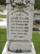 
Jane Ellen,
wife of Jos. KINGSTON,
died 5 May 1924 aged 65 years;
Joseph KINGSTON,
died 1946 aged 92 years;
Appletree Creek cemetery, Isis Shire
