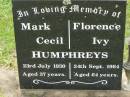 
Mark Cecil HUMPHREYS,
died 23 July 1930 aged 37 years;
Florence Ivy HUMPHREYS,
died 24 Sept 1064 aged 64 years;
Appletree Creek cemetery, Isis Shire
